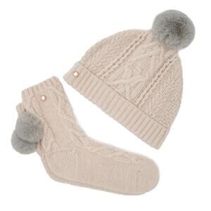 Ted Baker Cream Cable-Knit Hat & Sock Set with Gray Faux-Fur Poms